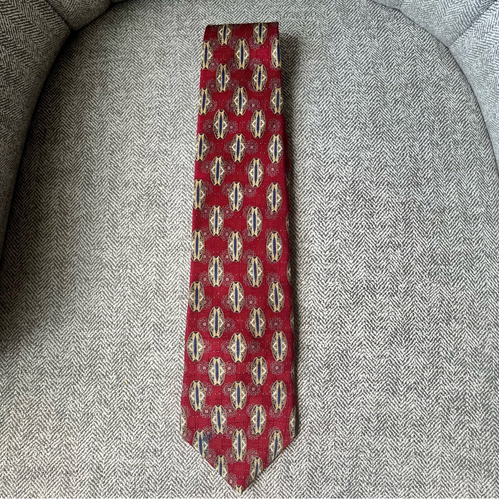 Vintage Bill Blass Black Label Tie Red Gold Navy Geometric Pattern 1990s